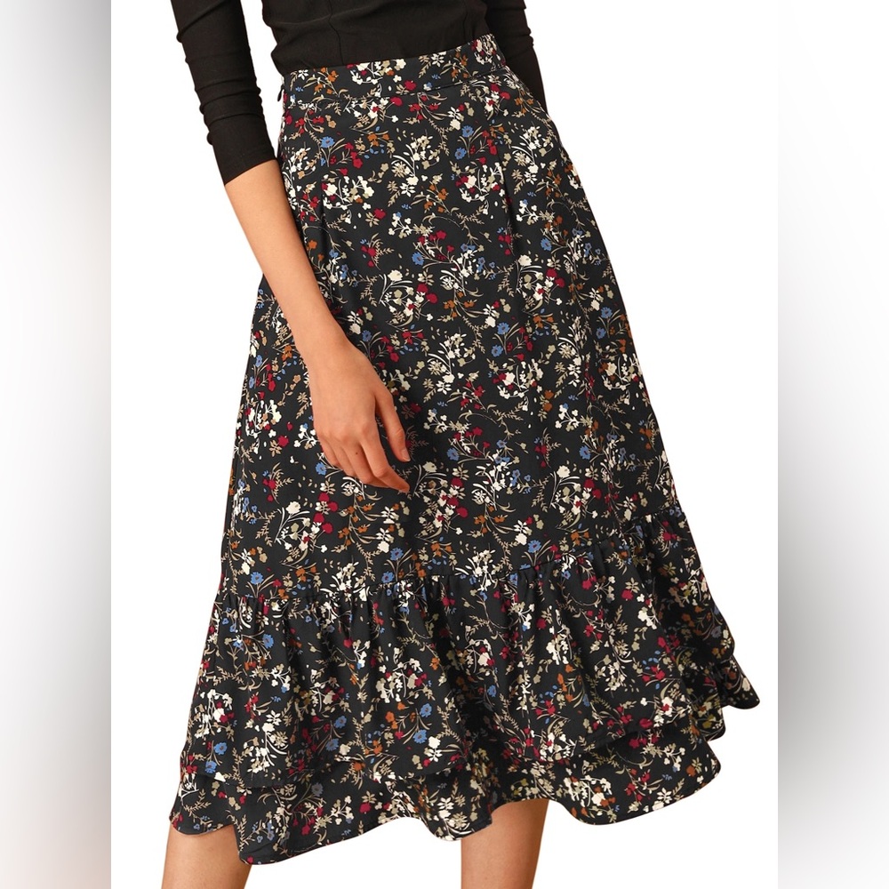 Allegra K Black Floral A-Line Skirt